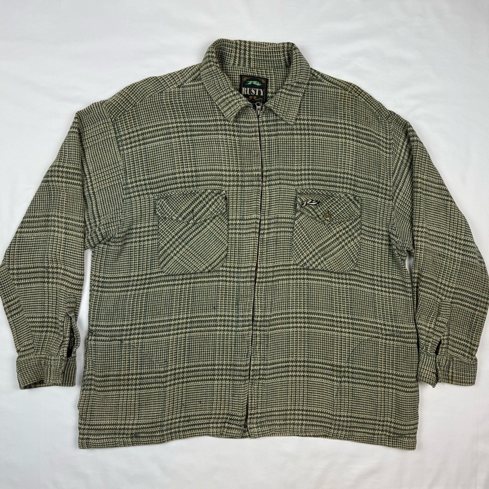 Vtg Rusty Mens Flannel Shirt Jacket Sz Large 90s Oversized Full Zip Plaid C7